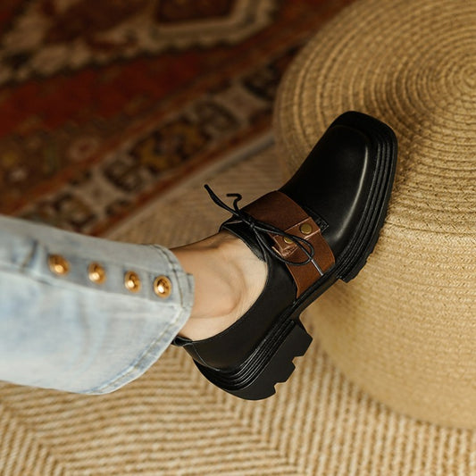 Retro Style Thick Bottom Contrast Color Deep Mouth Small Leather Shoes