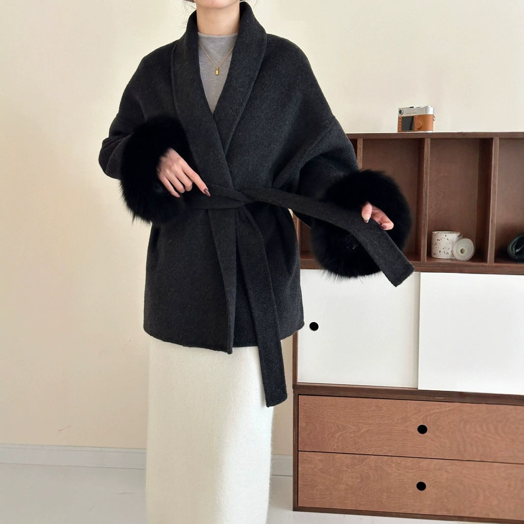Lace-up Green Collar Double-sided Wool Coat
