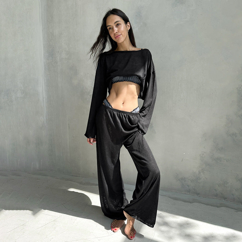 Women's Knitted Crew-Neck Pajama Set With Long Sleeves And Long Pants Two Pieces