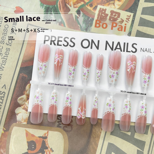 Small Floral Wear Prefabricated Nail Tip Long Ladder Velvet Seal Layer White