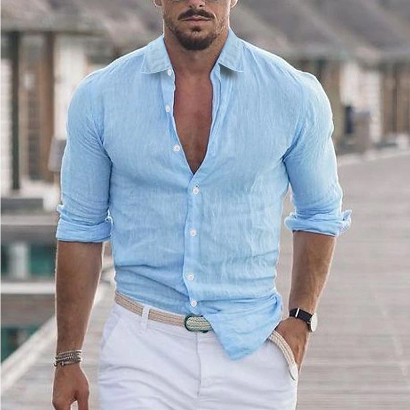 Men's Cotton And Linen Lapel Long Sleeve Solid Color Shirt