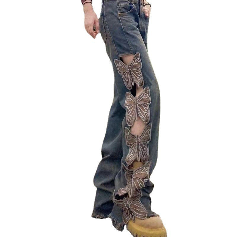 Fashion Jeans Women's Retro High Waist Embroidered Loose Hole Mopping Butterfly Hollow Out Wide Leg Trousers