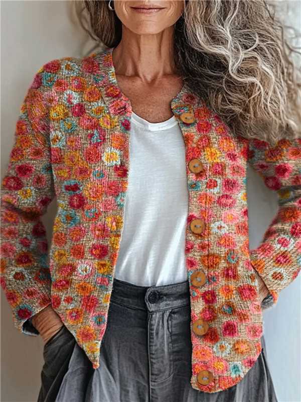 Ny strikket cardigan med 3D-print i løs pasform til damer – efterårs- og vinterstil