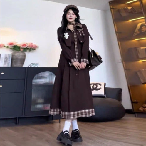 French Retro Womens AutumnWinter Plaid Blazer Dress Two-Piece Set