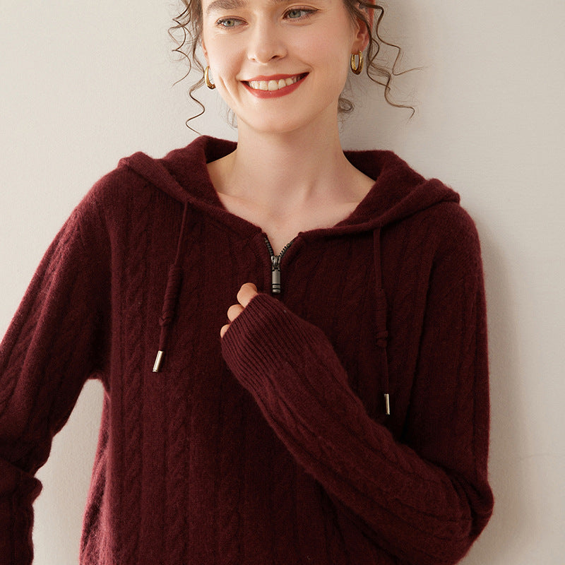 Cashmere Sweater Women's Hooded Twist Half-open Collar Sweater