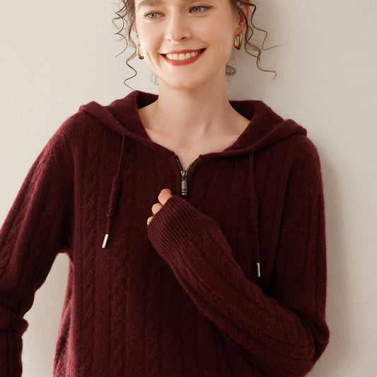 Cashmere Sweater Women's Hooded Twist Half-open Collar Sweater
