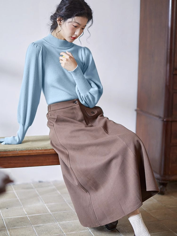 Womens French-style Puff-sleeve Mock-neck Base Layer Top