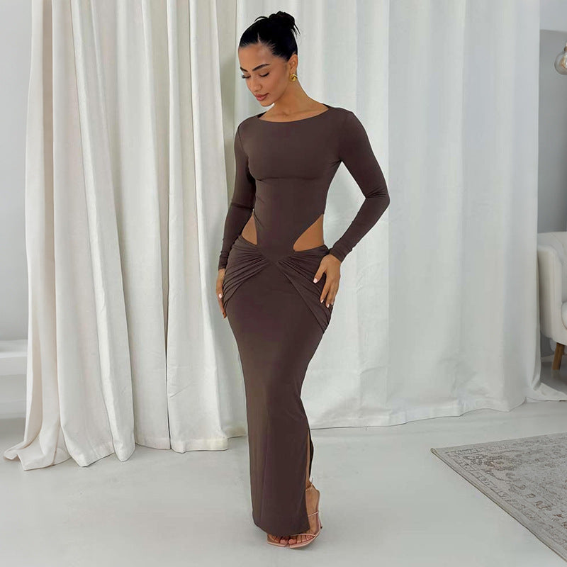 Solid-color Hollow-out Sexy Side-slit Long-sleeve Dress