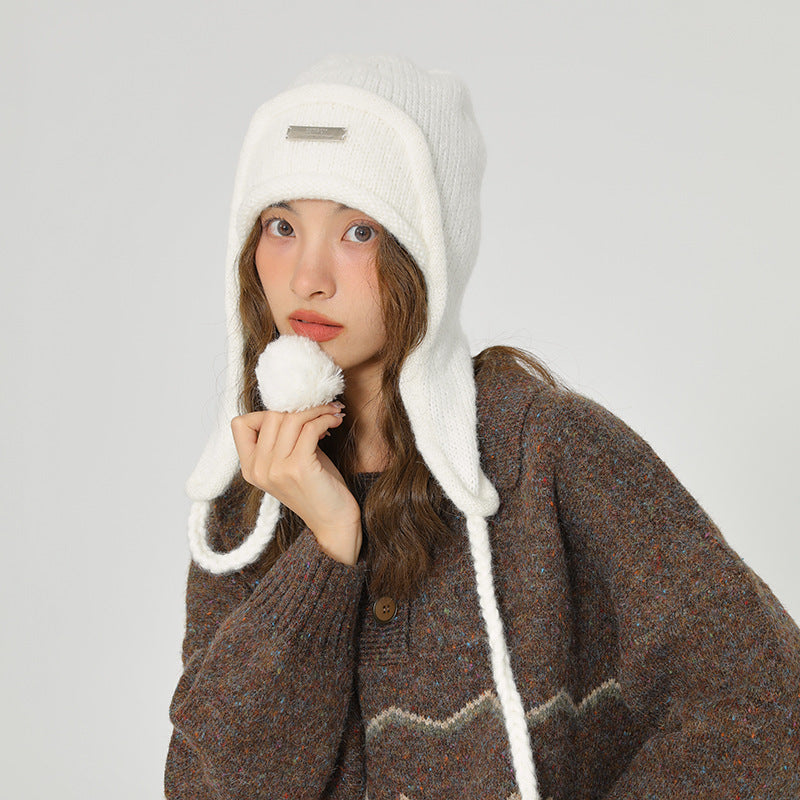 Women's Hat With Ear Protector And Wool Ball Knitting