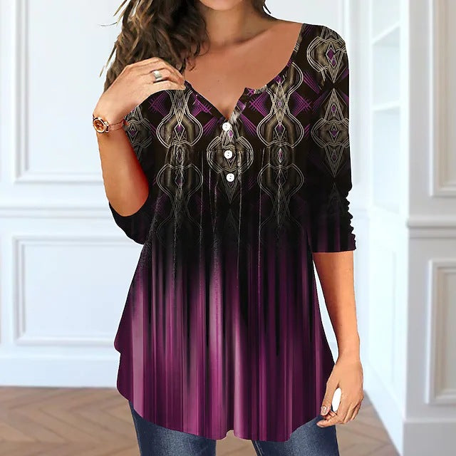 Beauty Summer Loose V-neck Pullover Short Sleeve Button Printed T-shirt
