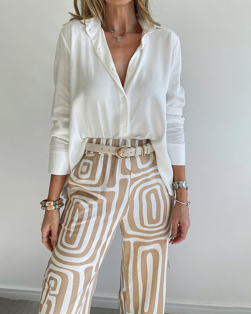 Long-sleeved Lapel Shirt Printed Wide-leg Pants Suit