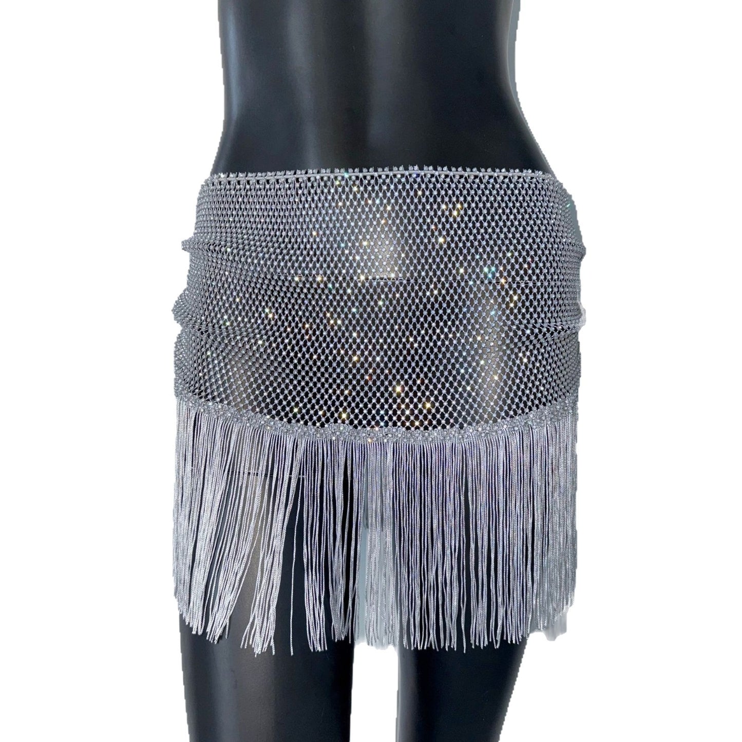 Half-length Tassel Stitching Fishnet Rhinestone Elastic Skirt