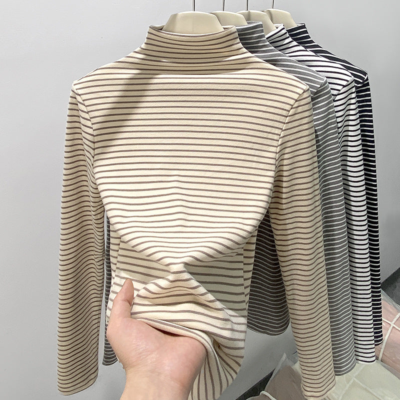 Half Collar Top Pinstripe Long-sleeved T-shirt