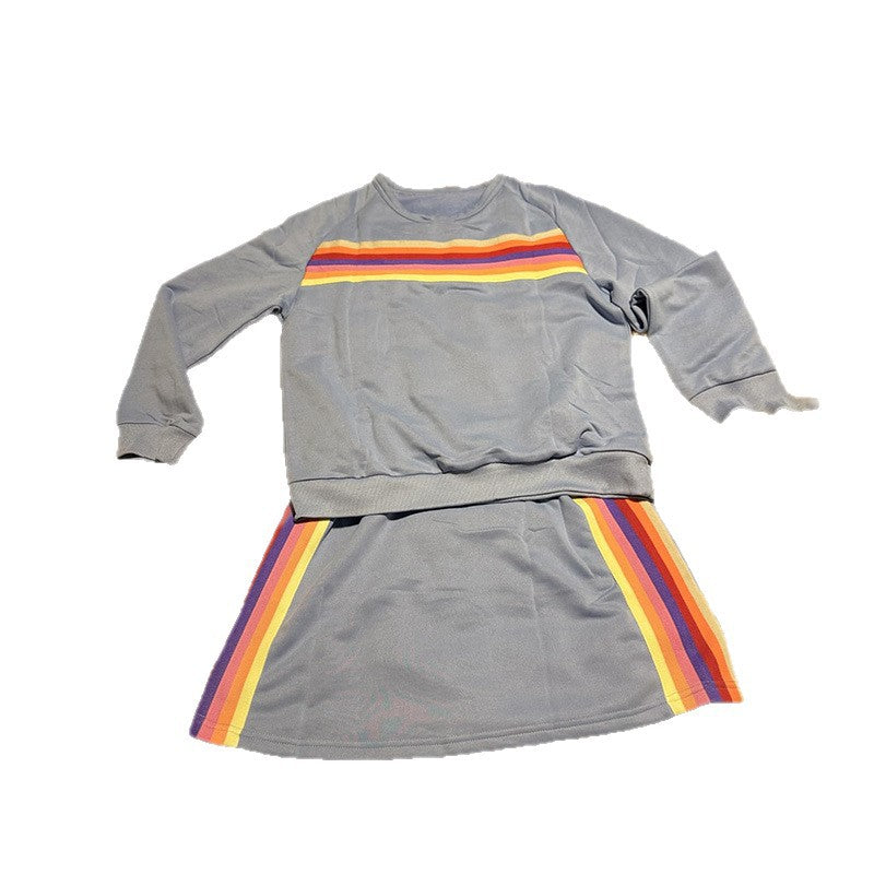Simple Loose Rainbow Round Neck Sweater Trousers Two-piece Set