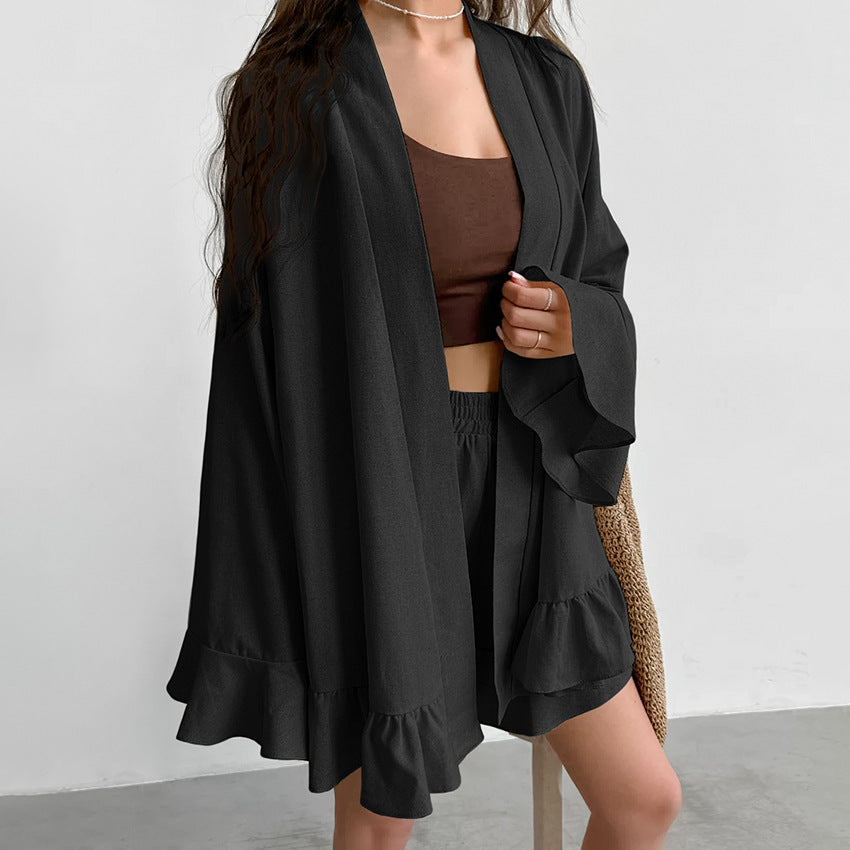Pure Cotton Breathable Loose Fitting Soft And Comfortable Long Sleeve Shorts Pajama Set