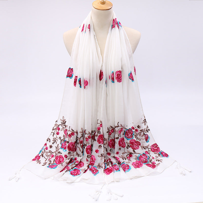 Pure Color Cotton And Linen Embroidered Hot Drilling Fringe Scarf