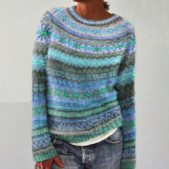 Womens Crew-Neck Sweater With Striped Paneling
