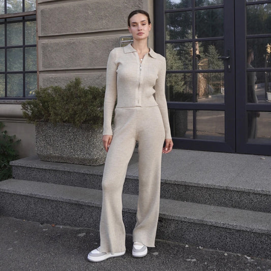 Knitted Cardigan Suit Short Cardigan Split Trousers