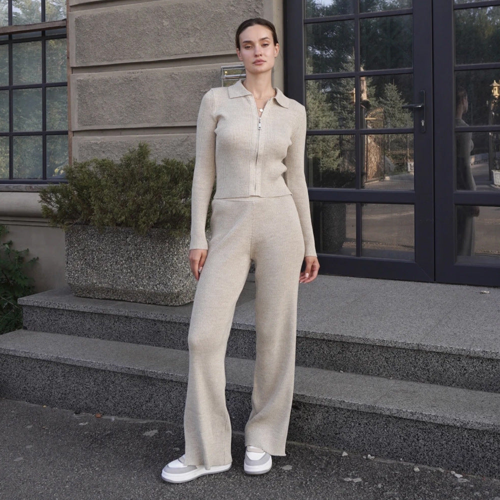 Knitted Cardigan Suit Short Cardigan Split Trousers