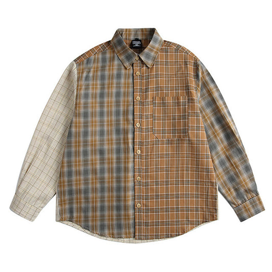American Retro Irregular Stitching Contrast Color Check Long Sleeve Shirt