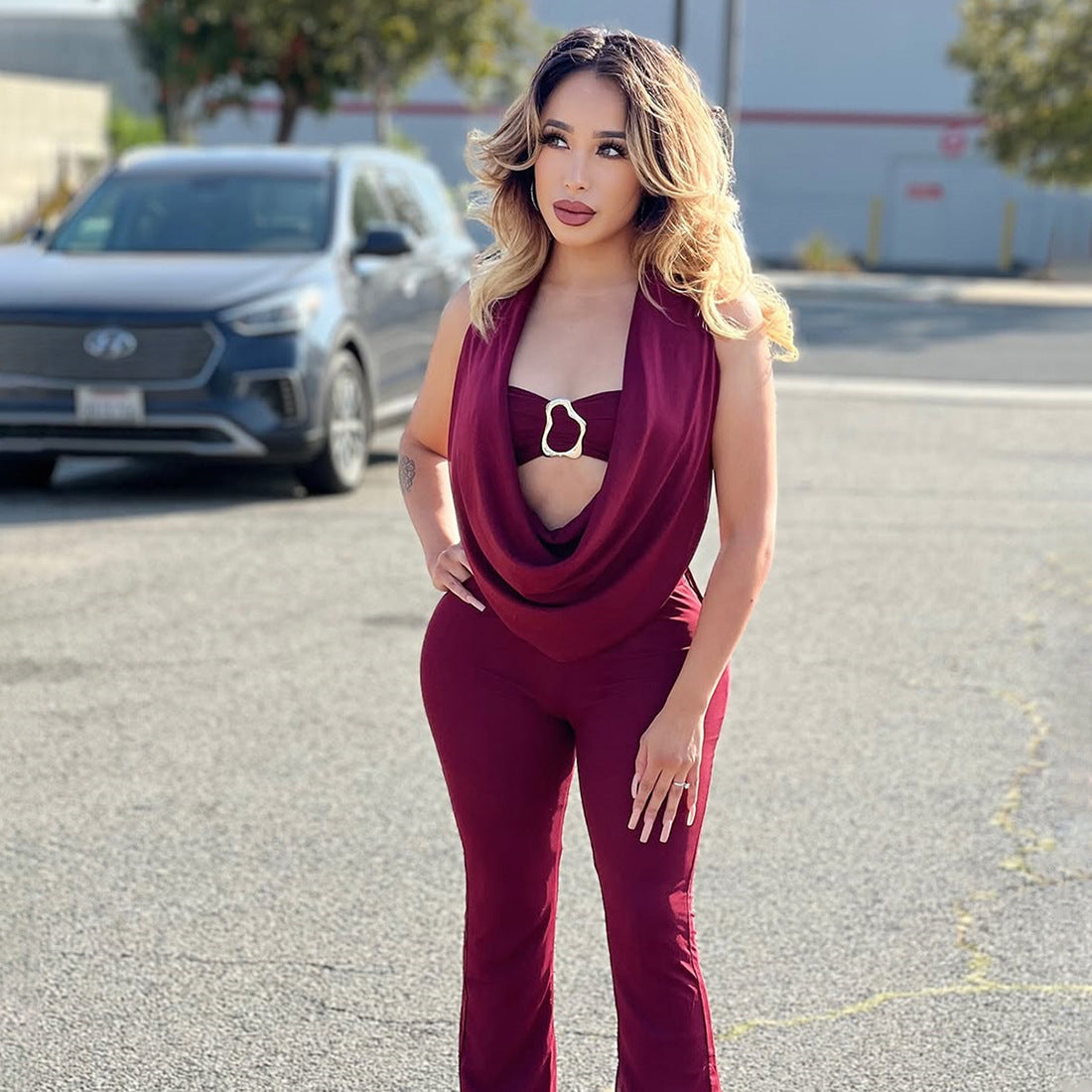 New Autumn Off-the-Shoulder Halter Deep V-Neck Backless Jumpsuit