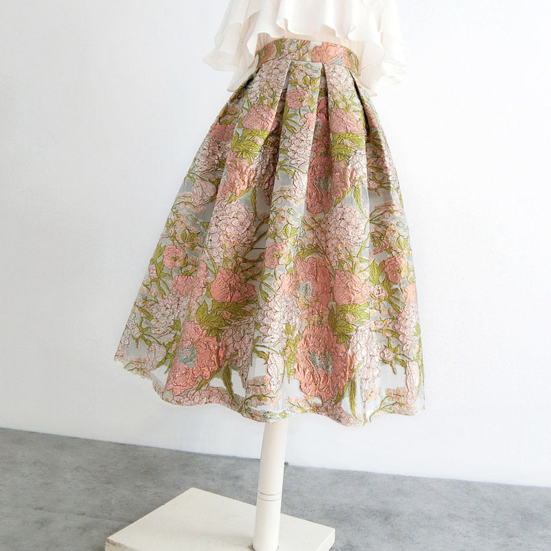Organza Pettiskirt Embroidered High Waist Midi Skirt