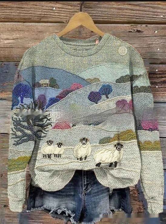 Style Digital Printing Drop-shoulder Long Sweater Abstract