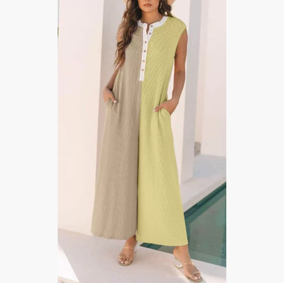 European And American Leisure Loose Color Matching Sleeveless Jumpsuit