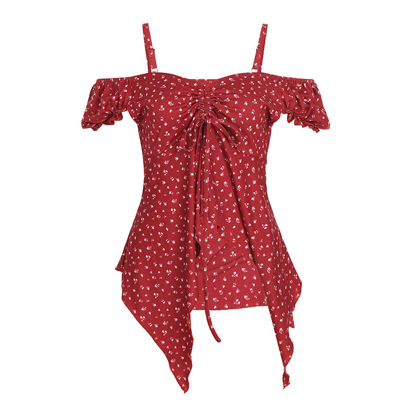 New Womens French-style Floral Asymmetrical Top