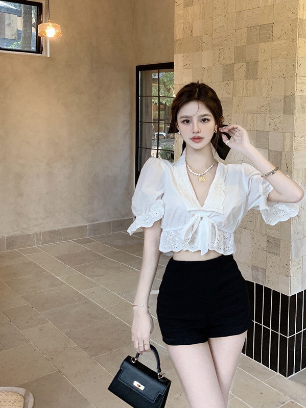 Women's French V Neck Ruffle Short Sleeve Shirt