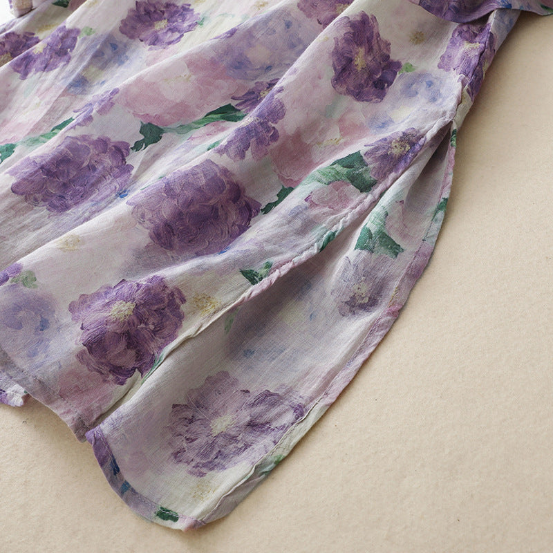 Womens Cotton-Linen Printed Shirt Loose  Mid-Length New Chinese-Style Top For Women