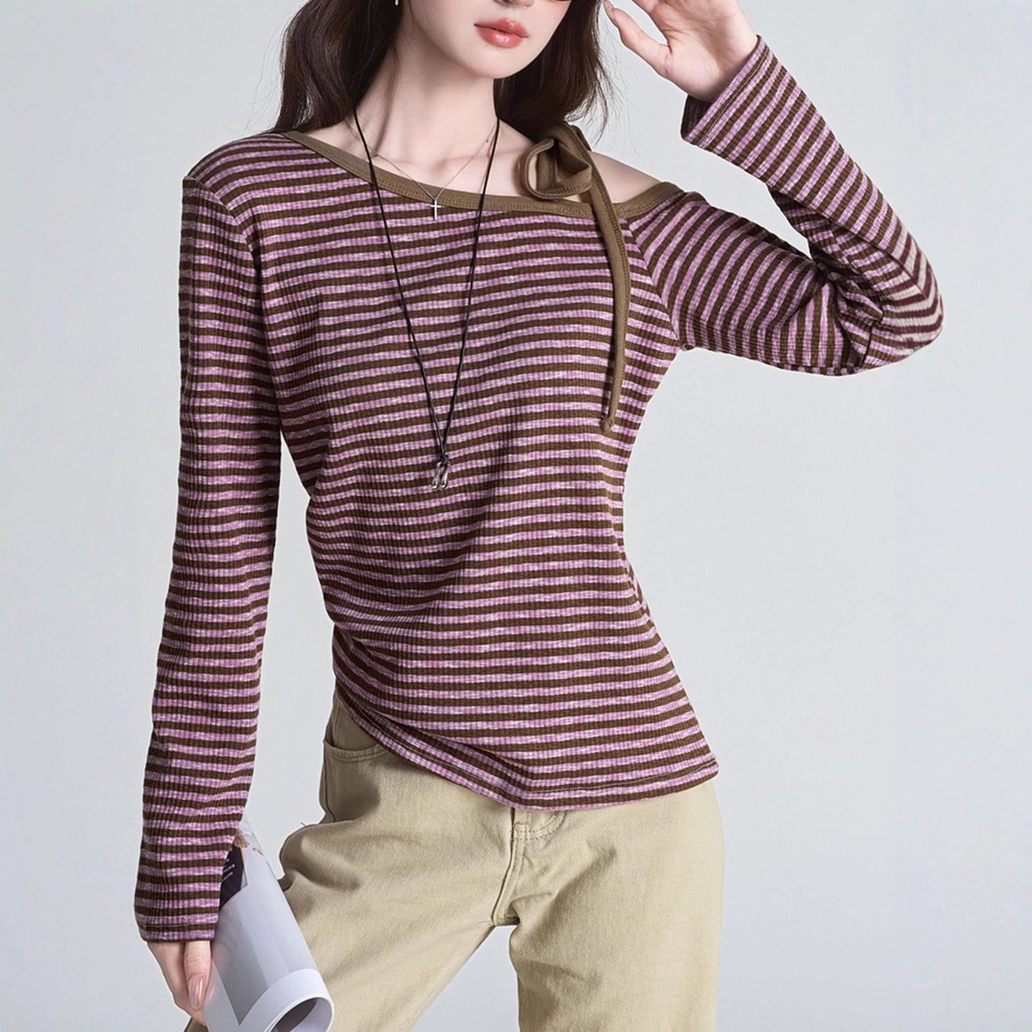 Purple Striped Off-shoulder Long Sleeve Women's Slim Base Shirt