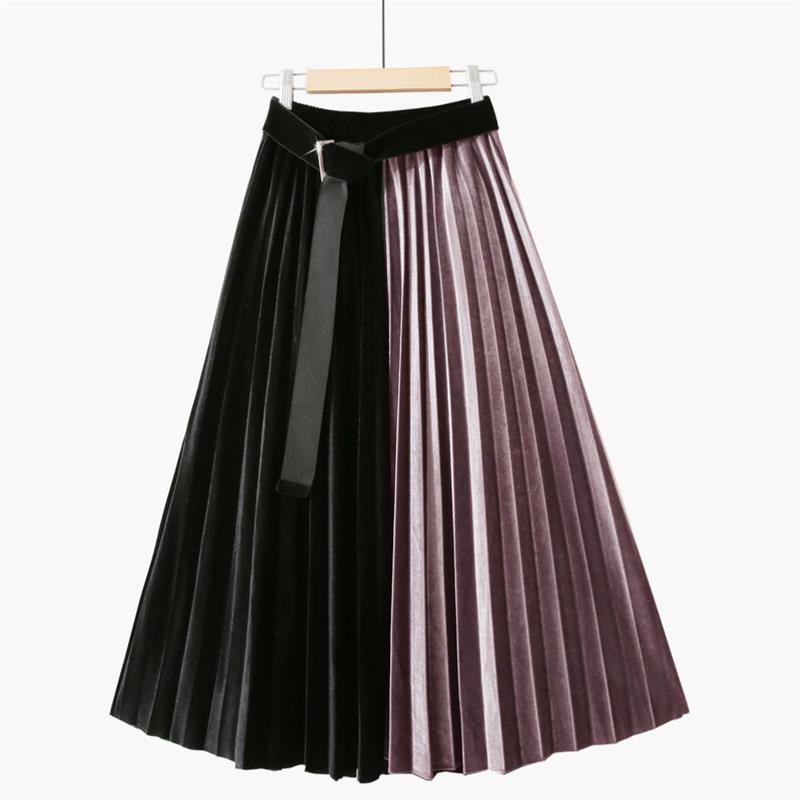 Height Belt Pleuche Patchwork Contrast Color Retro Slimming Skirt
