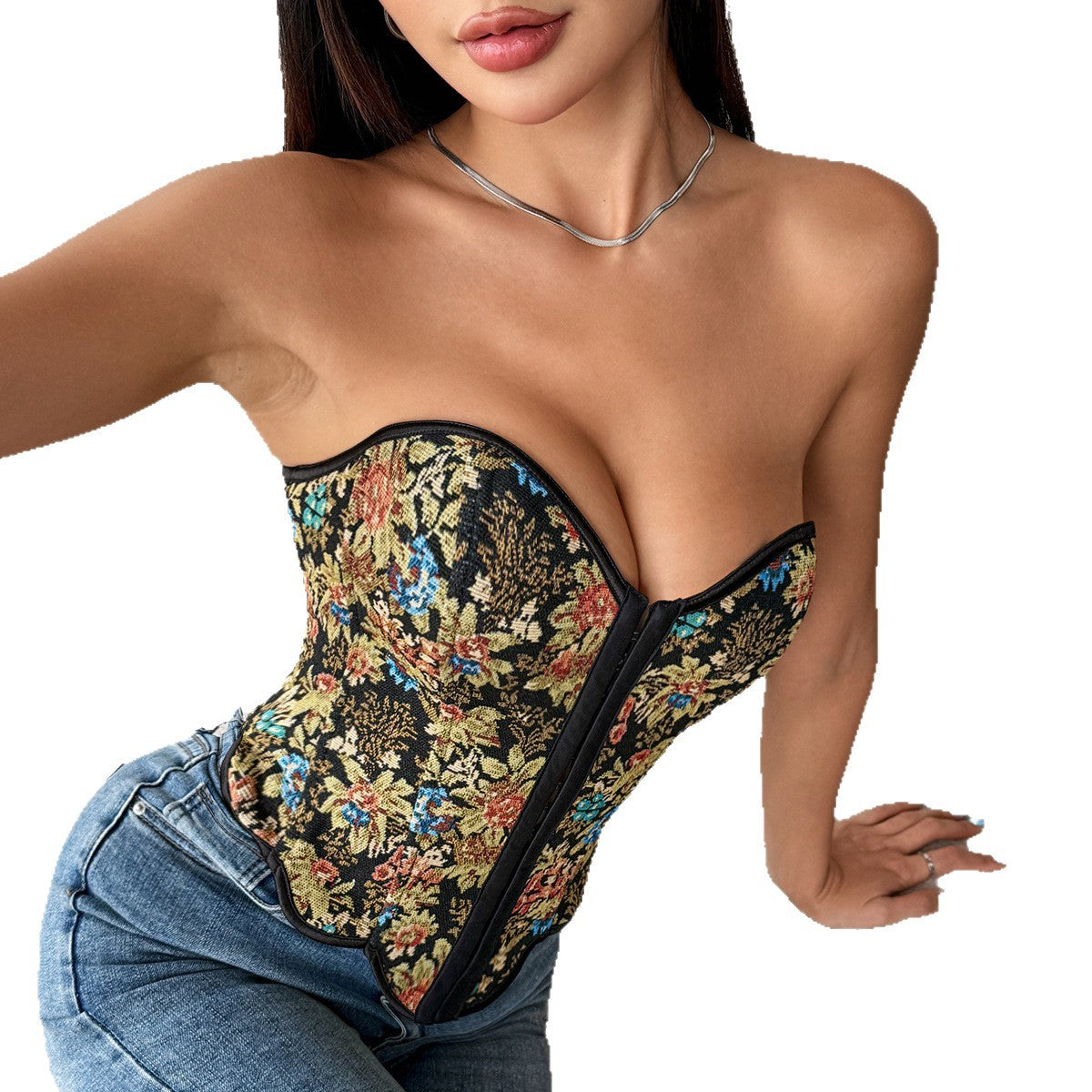 Womens Retro Jacquard Fishbone-Structured Back-Closure Lace-Up Asymmetrical Sexy Tube Top