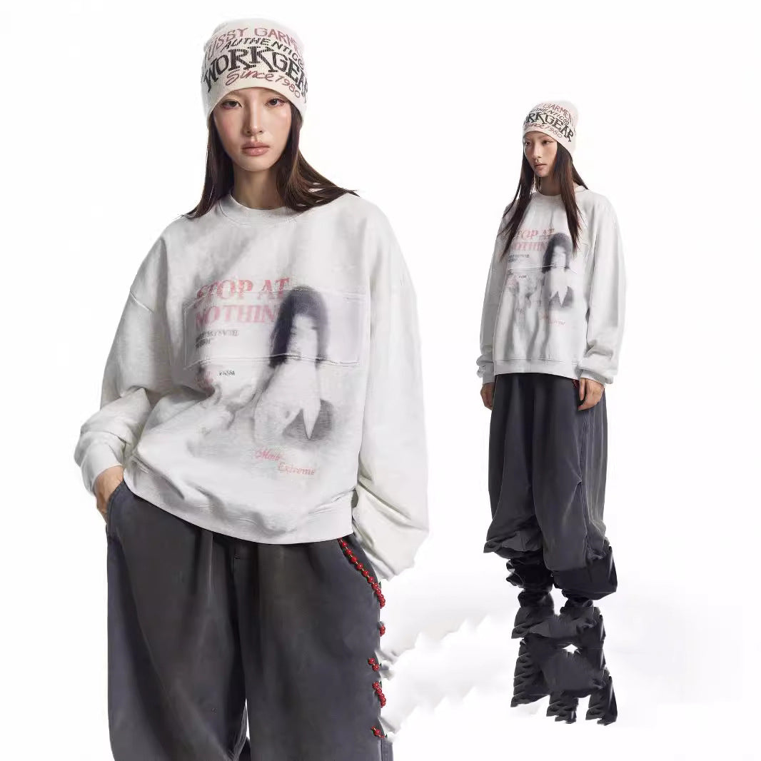 American Street Retro Portrait Printing Pullover Loose Round Neck Sweater