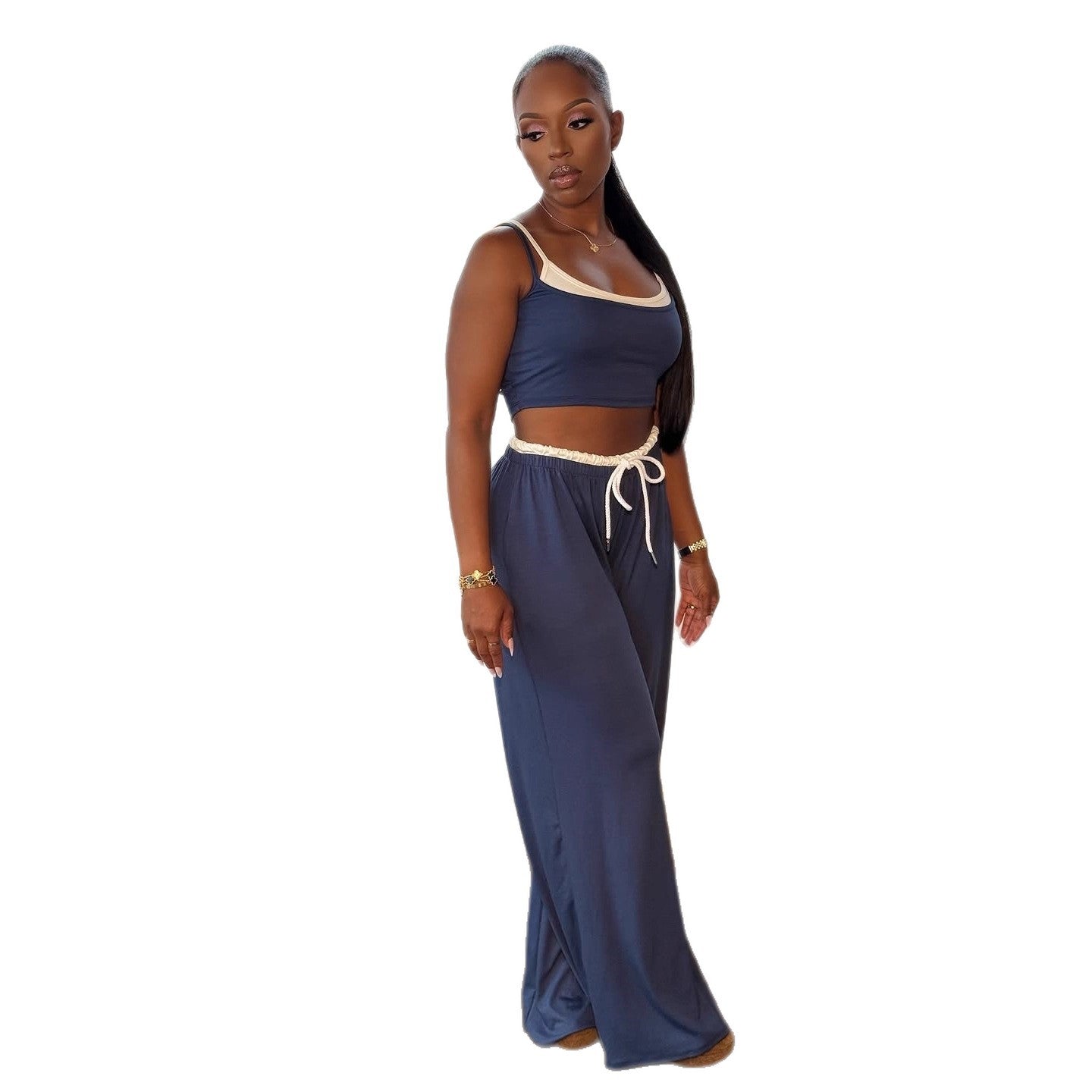 Leisure Sports Elastic Fake Suspender Trousers Two-piece Set