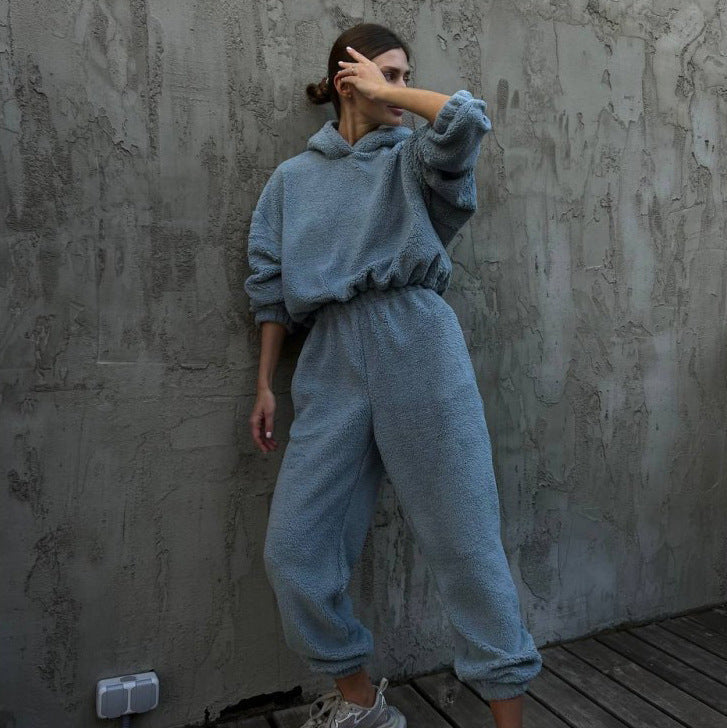 Polar Fleece Round Neck Pullover Long Sleeve Two-piece Set Smart Trousers Suit
