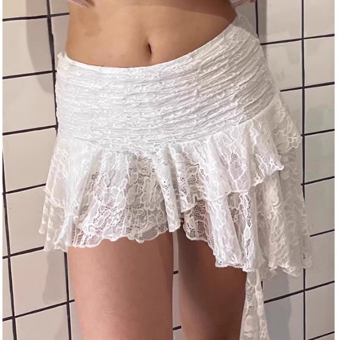 Retro Style Lace Edge Irregular Hem Short Skirt For Women