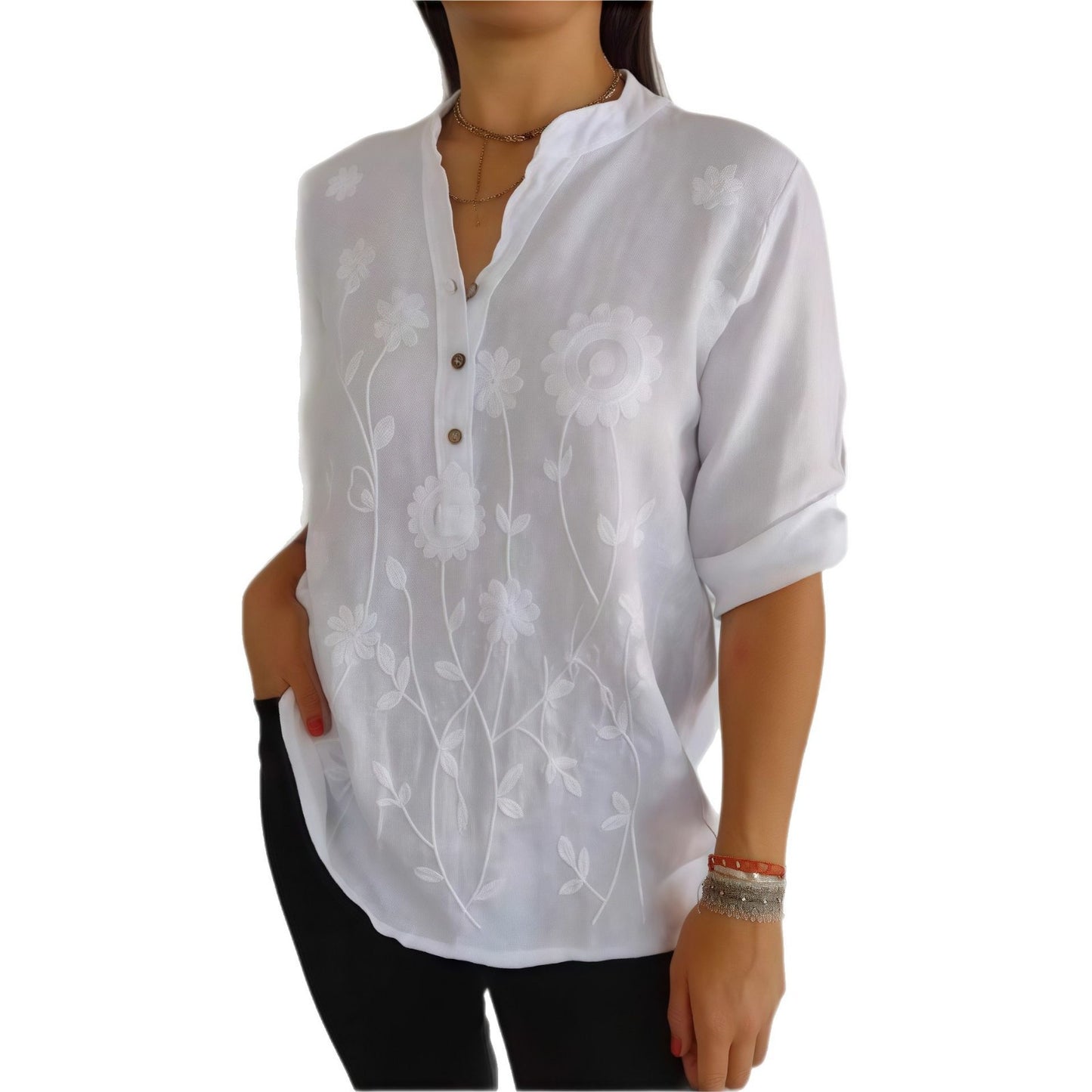 Women's Lace Embroidered Button V-Neck Shirt
