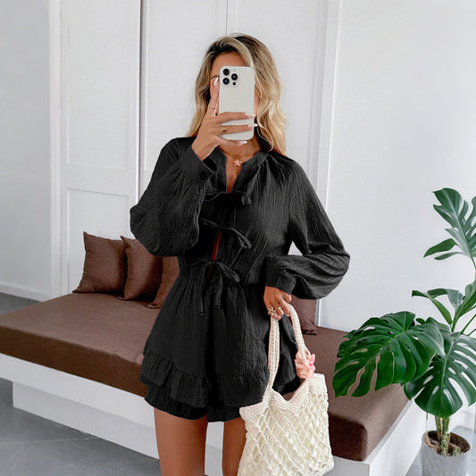 European And American Leisure Simple Style Lace-up T-shirt Shorts Women's Jumpsuit