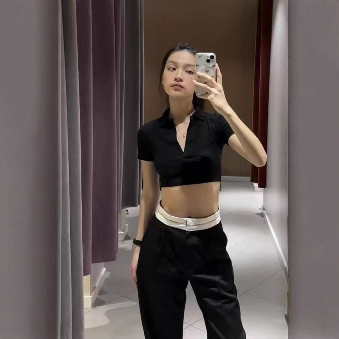 Heavyweight Straight-leg Black Casual Pants With A Relaxed Draped Fit