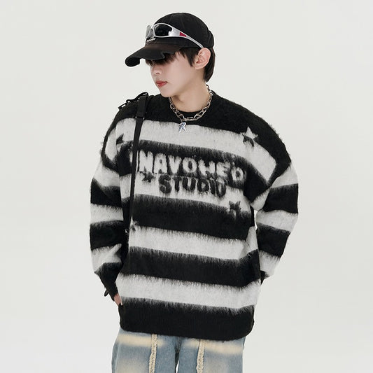 American-style Vintage Striped Mink Sweater