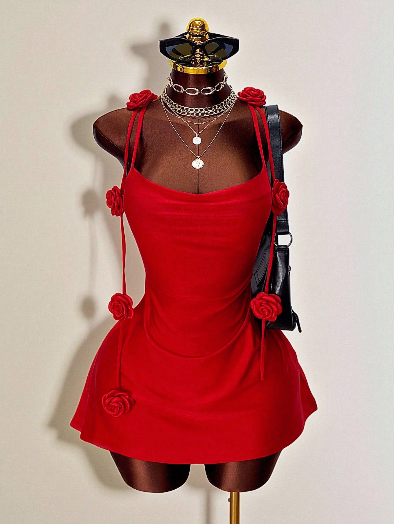 3D Floral-decorated Slip Dress With A Cinched Waist For A Slimming Fit