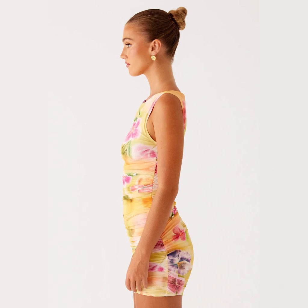 Yellow Printed And Dyed Floral Tank Dress
