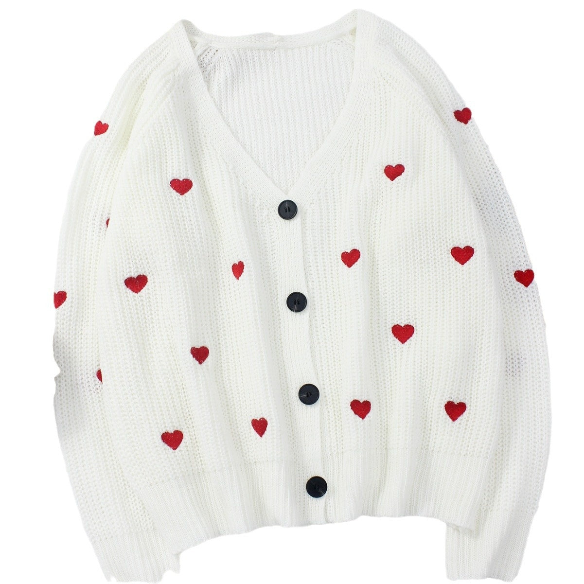 Heart-themed Embroidered Knit Single-Breasted V-Neck Sweater Coat