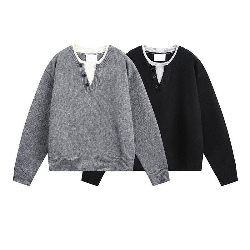 American Retro Color Block Contrast V-neck Sweater