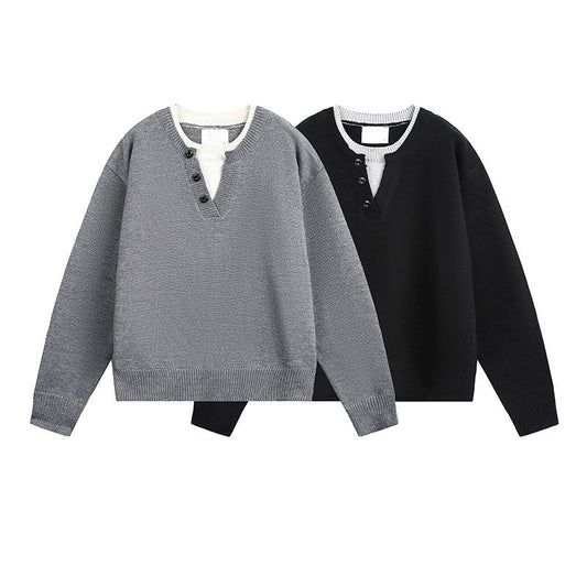 American Retro Color Block Contrast V-neck Sweater