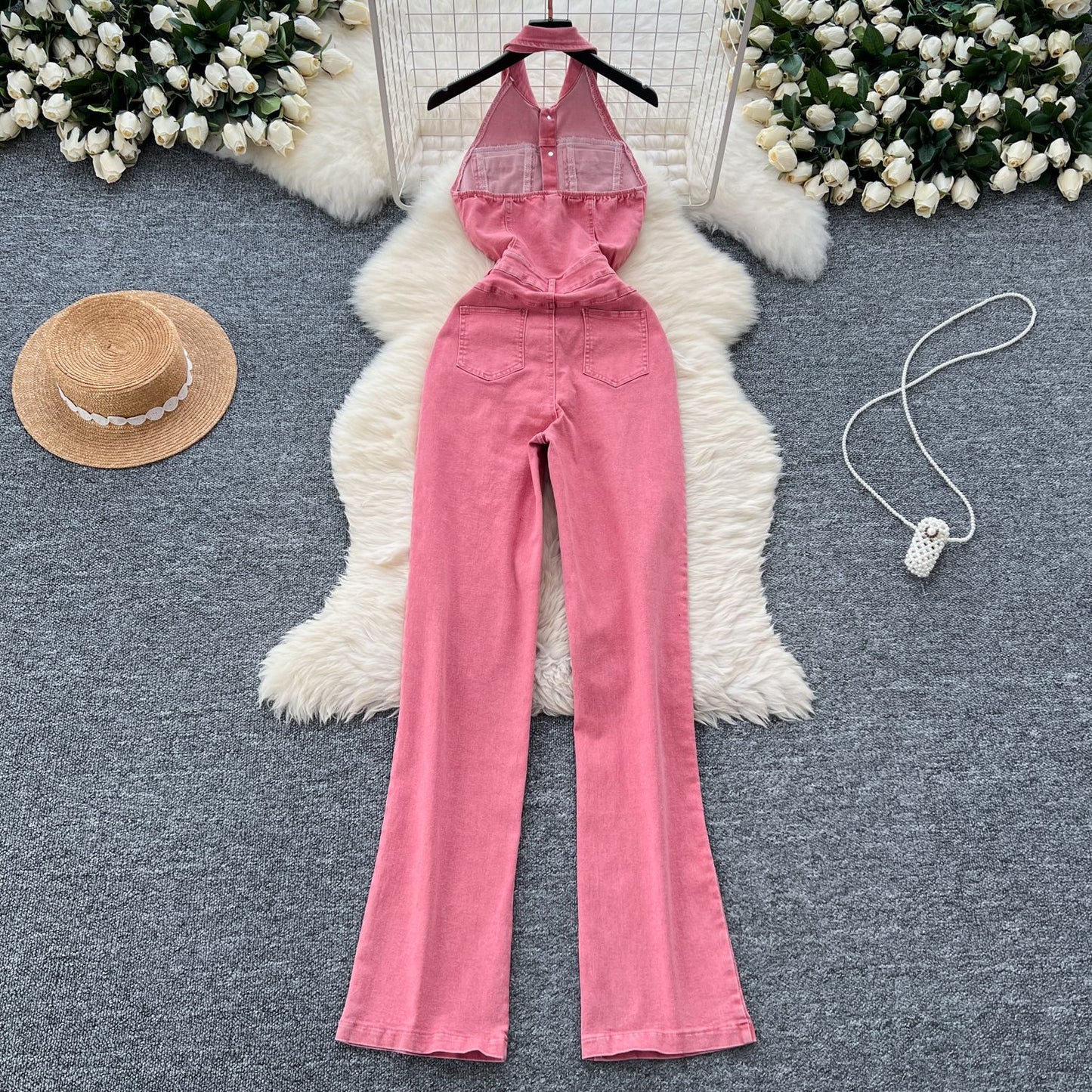 Single-breasted High Waist Slimming Slim Fit Backless Denim Jumpsuit