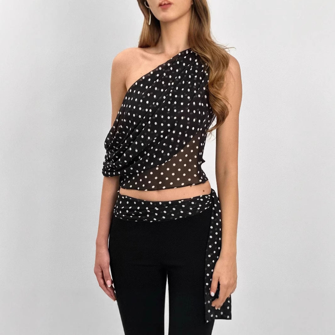Sexy Off-Shoulder Polka-Dot Chiffon Sheer Irregular Tank Top