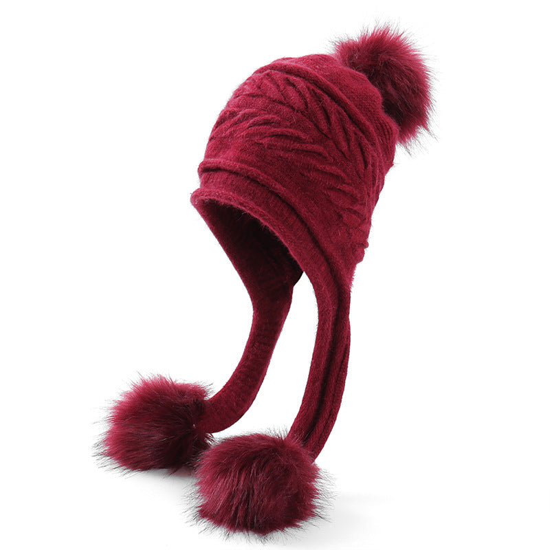 Winter Warm Ear Protection Three Hair Ball Pleated Rabbit Fur Hood